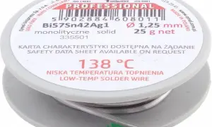 Cyna do lutowania z niską temperaturą topnienia 138°C, drut 1,25 mm, 25g. Idealna do precyzyjnych prac.