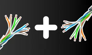 Dwa rozplecione kable sieciowe, zgodne ze standardem rj45, połączone białym znakiem plus.