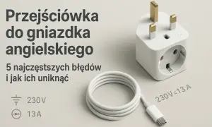 Adapter do gniazdka angielskiego, biały, z kablem USB-C. Informacje o napięciu i prądzie. Wymiana gniazdka bez błędów.