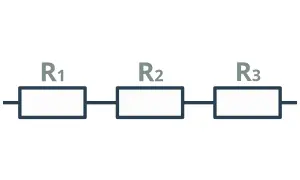 Schemat obwodu elektrycznego z trzema rezystorami R1, R2, R3 połączonymi szeregowo.