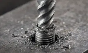 Wiertło wkręca się w metalowy element, tworząc gwint. To rozwiązanie może pomóc, gdy zastanawiasz się, jak odkręcić wyrobioną śrubę krzyżakową.