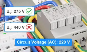 Poprawna kontrolka faz jak podłączyć: Uc 275 V (zielony) jest OK, 440 V (czerwony) jest błędem. Napięcie obwodu 220 V.
