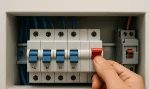 Dłoń wyłącza czerwony wyłącznik w rzędzie bezpieczników. **Korki prąd** chronią instalację.