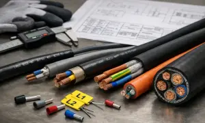 Różne kable elektryczne, złączki i oznaczenia L1, L2. Widać też suwmiarkę i rękawice, sugerujące pracę z elektrycznością i skróty kolorów kabli po angielsku.