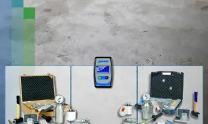 Zestawy do pomiaru wilgotności betonu i jastrychu. Urządzenie Janser pokazuje 4.0% wilgotności.