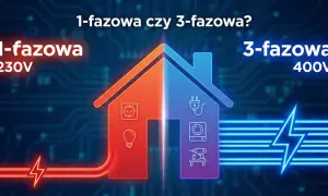 Dom podzielony na 1-fazową (230V) i 3-fazową (400V) instalację elektryczną. Wybór zależy od potrzeb.