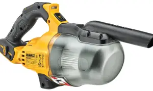 Żółto-czarny odkurzacz DeWalt 18V DCV501L z przezroczystym pojemnikiem na kurz. Idealny do sprzątania w warsztacie.