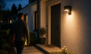 Mężczyzna zbliża się do domu, gdzie nowoczesny kinkiet z czujnikiem ruchu PIR hub oświetla ścieżkę i drzwi.