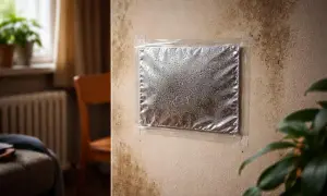 Próba zatrzymania wilgoci na ścianie za pomocą folii aluminiowej. Widoczne ciemne plamy pleśni, które pokazują, dlaczego wychodzi wilgoć na ścianach.