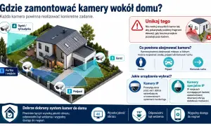 Ilustracja pokazuje, gdzie zamontować kamery na domu jednorodzinnym, aby zapewnić bezpieczeństwo.