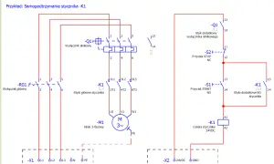 Schemat elektryczny przedstawia samopodtrzymanie stycznika K1, sterowanie silnikiem 3-fazowym i zasilanie 400VAC/24VDC. Oznaczenia elektryczne są kluczowe.