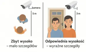 Montaż kamery na elewacji: 5m to zbyt wysoko, mało szczegółów. 3m to odpowiednia wysokość, wyraźne szczegóły.