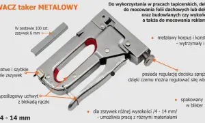 Metalowy zszywacz z regulacją docisku, antypoślizgowym uchwytem i łatwym uzupełnianiem zszywek. Idealny do prac budowlanych i tapicerskich.