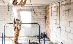 Elektryk w kasku pracuje na rusztowaniu, montując przewody. W tle widać narzędzia i materiały budowlane, a także ściany z bloczków, sugerujące wiercenie w betonie.