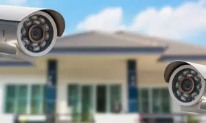 Dwie kamery monitoringu wizyjnego przed domem, zapewniające domowy monitoring.