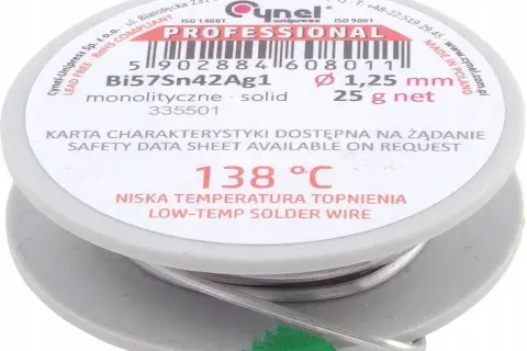 Cyna do lutowania z niską temperaturą topnienia 138°C, drut 1,25 mm, 25g. Idealna do precyzyjnych prac.