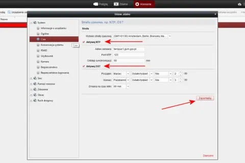 Konfiguracja hikvision: ustawienia czasu, strefy czasowej, NTP i DST.