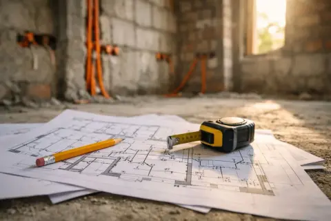 Plan domu z ołówkiem i miarką na tle ścian z widocznymi przewodami elektrycznymi. Ciekawe rozwiązania elektryczne w domu w trakcie budowy.