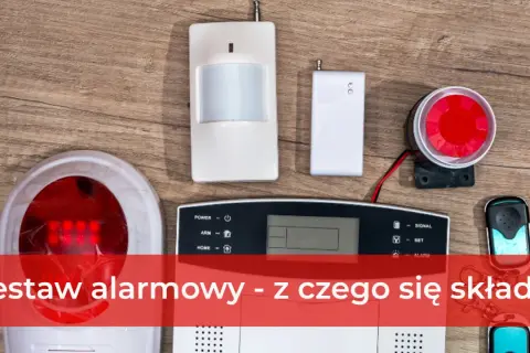 Zestaw alarmowy do garażu blaszanego: czujnik ruchu, syrena, panel sterowania i piloty.