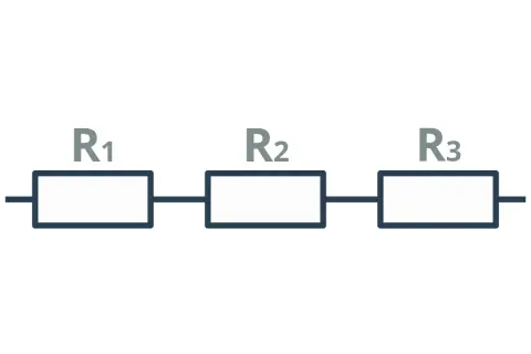 Schemat obwodu elektrycznego z trzema rezystorami R1, R2, R3 połączonymi szeregowo.