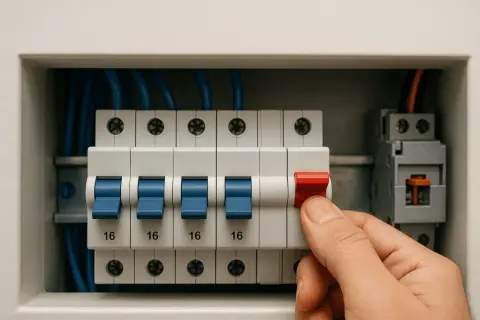 Dłoń wyłącza czerwony wyłącznik w rzędzie bezpieczników. **Korki prąd** chronią instalację.