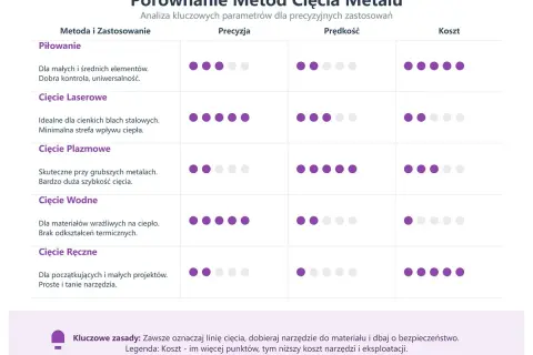 Tabela porównuje metody cięcia metalu. Cięcie plazmowe jest skuteczne przy grubych metalach i oferuje dużą szybkość.