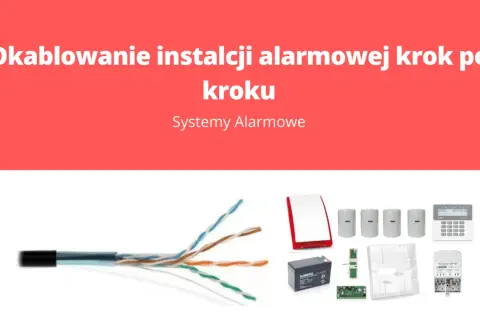 Kabel do czujek alarmowych, syrena, czujniki ruchu, akumulator, centrala alarmowa i klawiatura – elementy systemu zabezpieczeń.