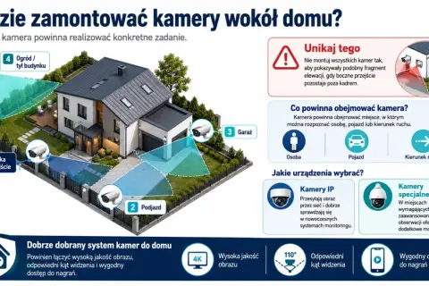 Ilustracja pokazuje, gdzie zamontować kamery na domu jednorodzinnym, aby zapewnić bezpieczeństwo.