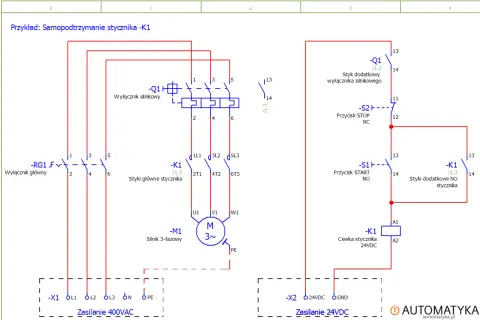 Schemat elektryczny przedstawia samopodtrzymanie stycznika K1, sterowanie silnikiem 3-fazowym i zasilanie 400VAC/24VDC. Oznaczenia elektryczne są kluczowe.