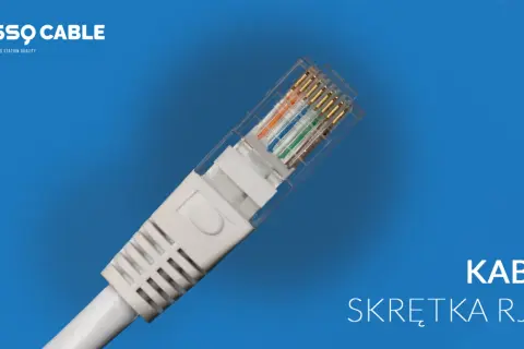 Kabel skrętka RJ45 do kamer, z widocznymi kolorowymi żyłkami i przezroczystą wtyczką.