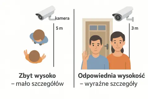 Montaż kamery na elewacji: 5m to zbyt wysoko, mało szczegółów. 3m to odpowiednia wysokość, wyraźne szczegóły.