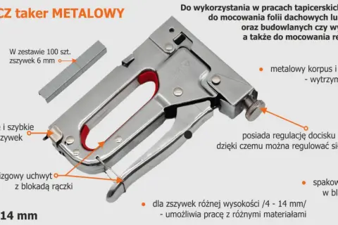 Metalowy zszywacz z regulacją docisku, antypoślizgowym uchwytem i łatwym uzupełnianiem zszywek. Idealny do prac budowlanych i tapicerskich.