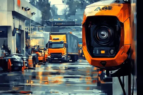 Pomarańczowa kamera monitoruje teren przemysłowy, gdzie system rozpoznawania tablic rejestracyjnych śledzi ruch ciężarówek i samochodów.
