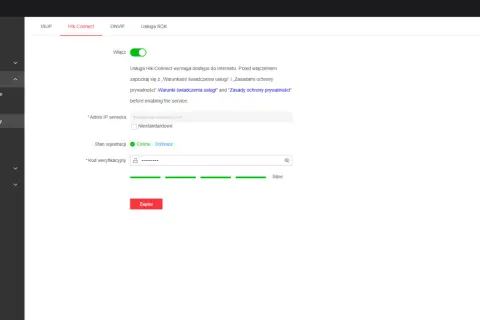Konfiguracja usługi Hik-Connect: włączona, adres serwera, kod weryfikacyjny.