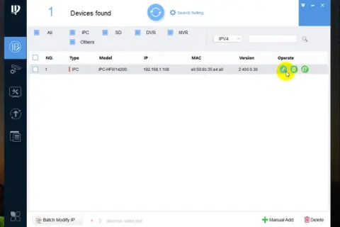 Konfiguracja dahua kamera wifi. Widok programu do zarządzania urządzeniami IP, lista znalezionych kamer z opcją edycji.