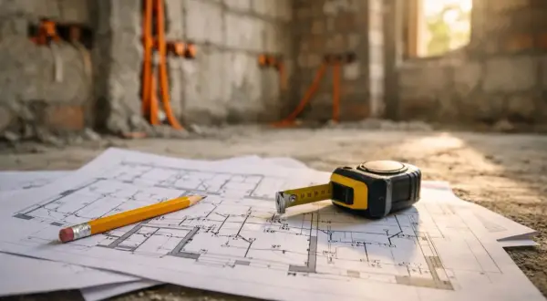Plan domu z ołówkiem i miarką na tle ścian z widocznymi przewodami elektrycznymi. Ciekawe rozwiązania elektryczne w domu w trakcie budowy.