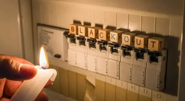 Korki włączone, a w mieszkaniu ciemno. Ręka trzyma zapaloną świecę obok bezpieczników z napisem "BLACKOUT".