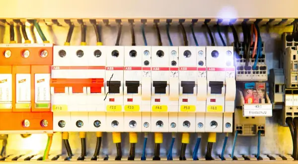 Wnętrze rozdzielni elektrycznej z widocznymi zabezpieczeniami, przewodami i elementami sterującymi.
