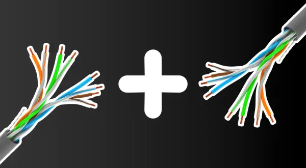 Dwa rozplecione kable sieciowe, zgodne ze standardem rj45, połączone białym znakiem plus.