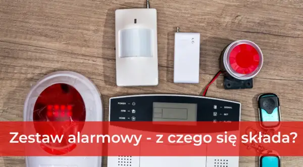 Zestaw alarmowy do garażu blaszanego: czujnik ruchu, syrena, panel sterowania i piloty.