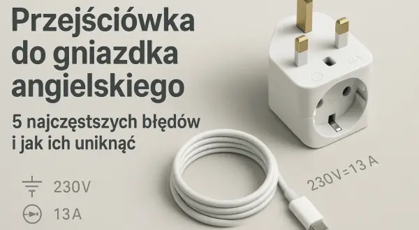 Adapter do gniazdka angielskiego, biały, z kablem USB-C. Informacje o napięciu i prądzie. Wymiana gniazdka bez błędów.