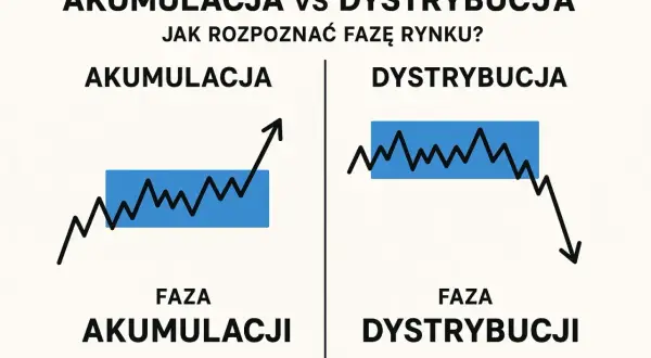 Akumulacja vs dystrybucja: jak sprawdzić fazy w domu. Wykresy pokazują trend wzrostowy (akumulacja) i spadkowy (dystrybucja).