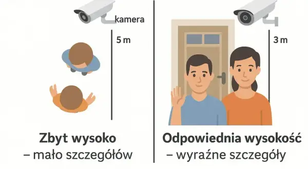 Kamera w podbitce zamontowana zbyt wysoko (5m) daje mało szczegółów. Montaż na wysokości 3m zapewnia wyraźne detale.