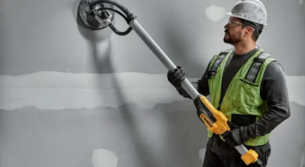 Budowlaniec szlifuje ścianę za pomocą szlifierki do gipsu DeWalt.