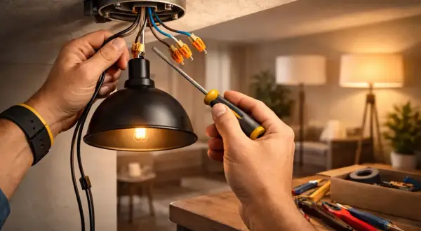 Elektryk montuje lampę, podłączając przewody. Zastanawiasz się, ile lamp na jednym obwodzie można bezpiecznie zainstalować?
