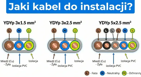 Porównanie kabli YDYp: 3x1.5 mm², 3x2.5 mm², 5x2.5 mm². Dowiedz się, jaki kabel do oświetlenia wybrać, analizując budowę i zastosowanie.