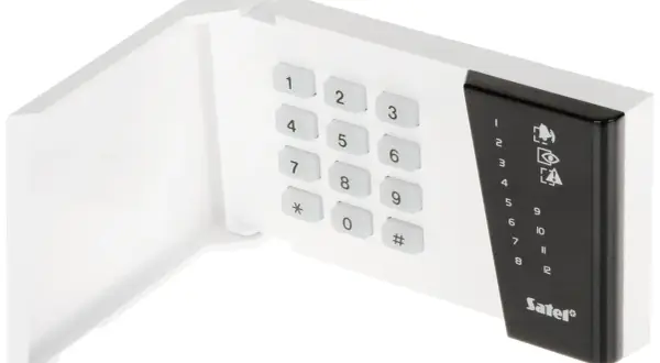 Klawiatura alarmowa Satel CA10 z numeracją i ikonami.