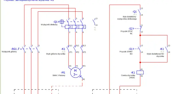 Schemat elektryczny przedstawia samopodtrzymanie stycznika K1, sterowanie silnikiem 3-fazowym i zasilanie 400VAC/24VDC. Oznaczenia elektryczne są kluczowe.