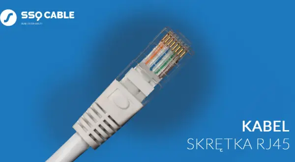 Kabel skrętka RJ45 do kamer, z widocznymi kolorowymi żyłkami i przezroczystą wtyczką.