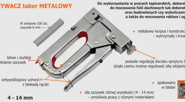 Metalowy zszywacz z regulacją docisku, antypoślizgowym uchwytem i łatwym uzupełnianiem zszywek. Idealny do prac budowlanych i tapicerskich.